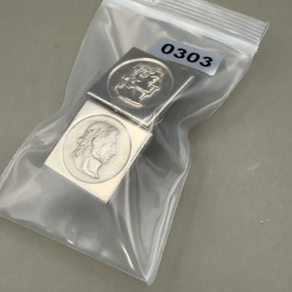 Cufflinks Greco-Roman Profile Coin Square Silver Tone Metal Mens Fixed Back
